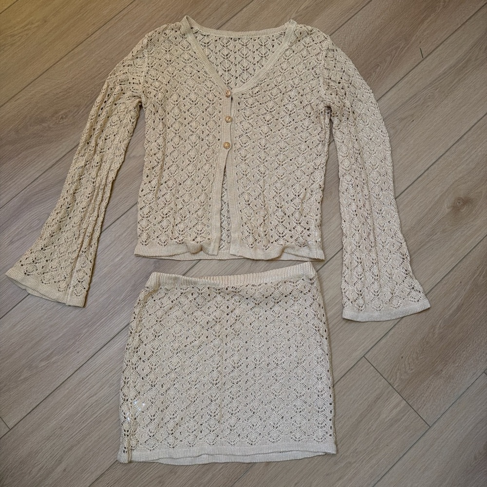 Cream Knit Cardigan and Skirt Set
